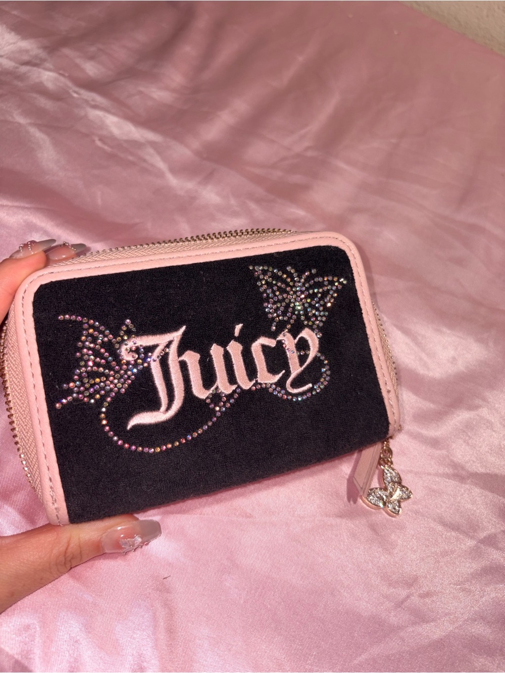 Juicy Couture Black and Light Pink Rhinestone Butterfly Zip Wallet